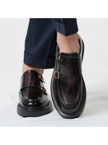 Erkek açma bordo Çift Tokalı Deri Loafer Ayakkabı