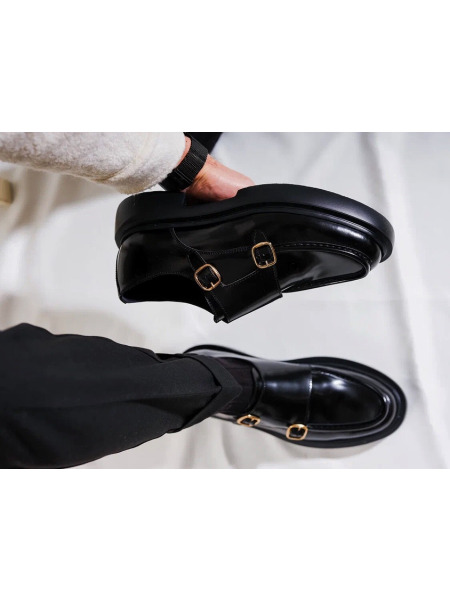 Erkek Siyah Çift Tokalı Deri Loafer Ayakkabı