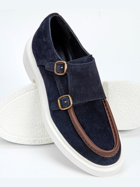 Lacivert Süet Çift Tokalı Erkek Ayakkabı – Kahverengi Detaylı Yazlık Günlük & Şık Model